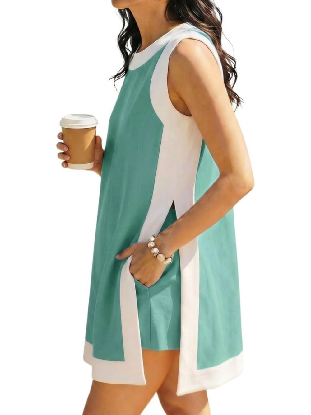 Casual Color Block 2-Piece Set for Women - Short Sleeve Pullover & Pocketed